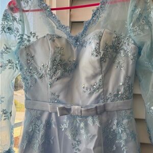 Brand New Sky blue dress gown maxi soft fabric mesh with embroidery and sequin